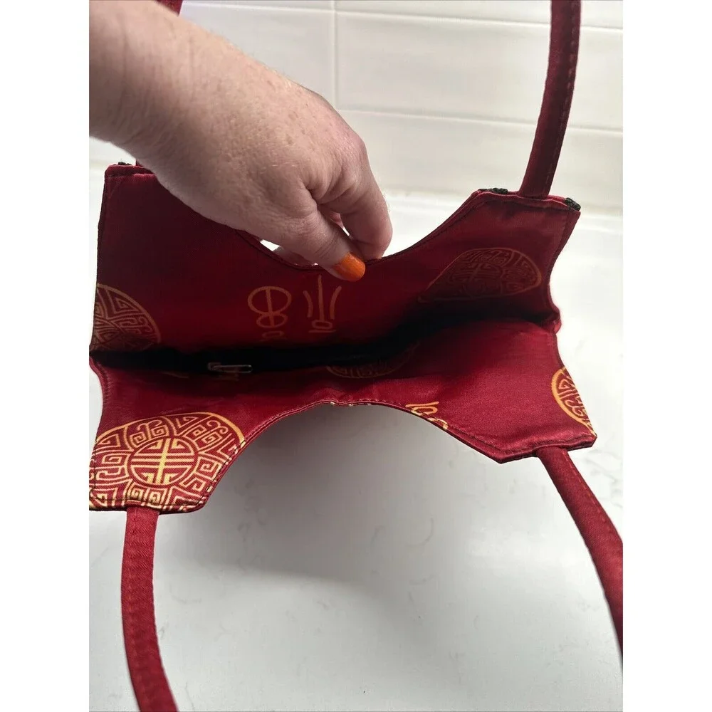 Red Satin Handbag Purse Double Handle
